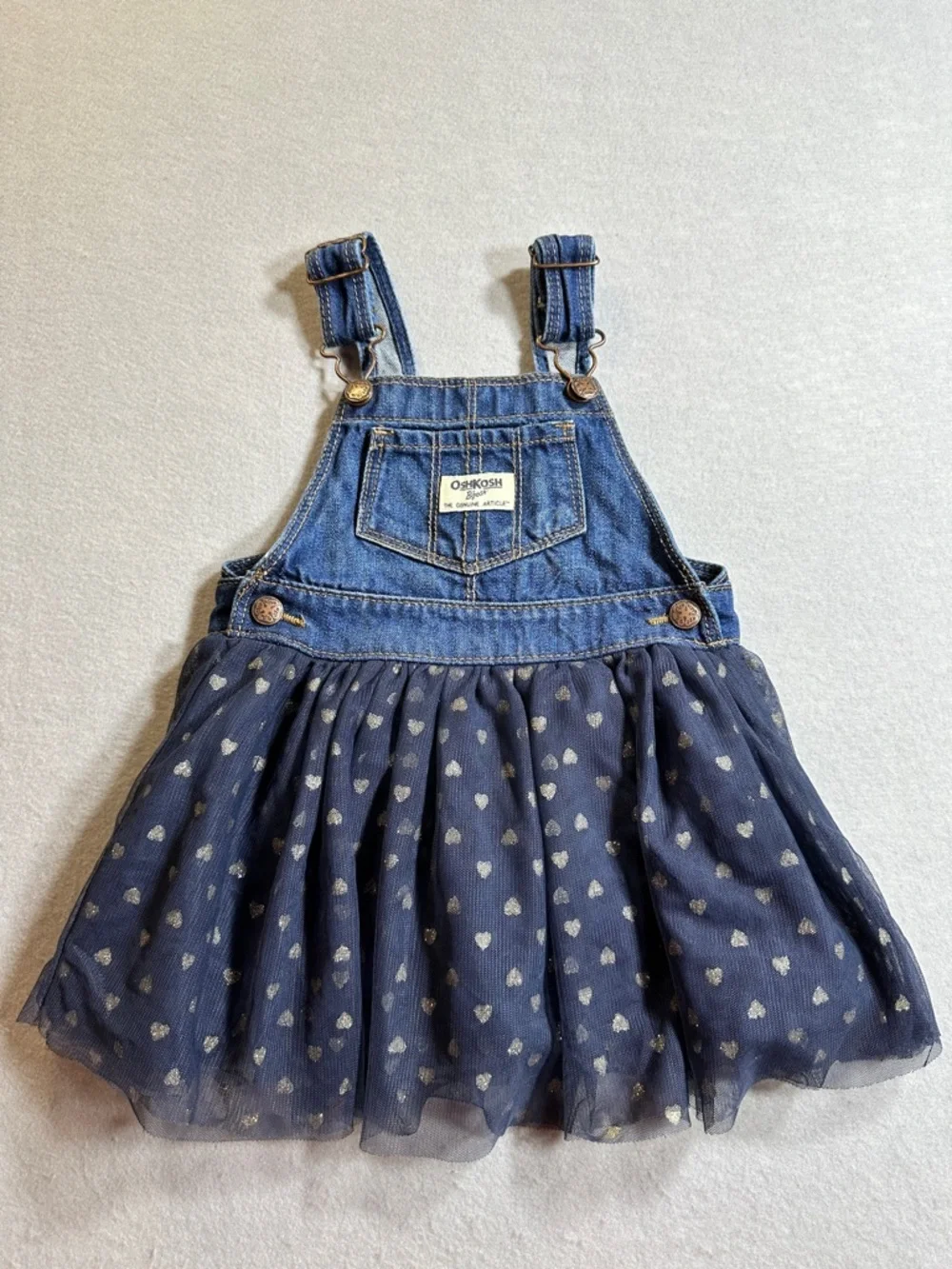 OshKosh B’gosh Toddler Girls 18M Overall‎ Dress Tulle Silver Hearts Jumper